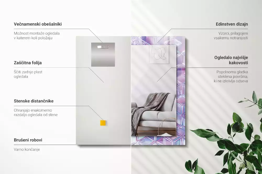Oglindă dreptunghiulară cu ramă decorată cu imprimeu de cuburi transparente colorate