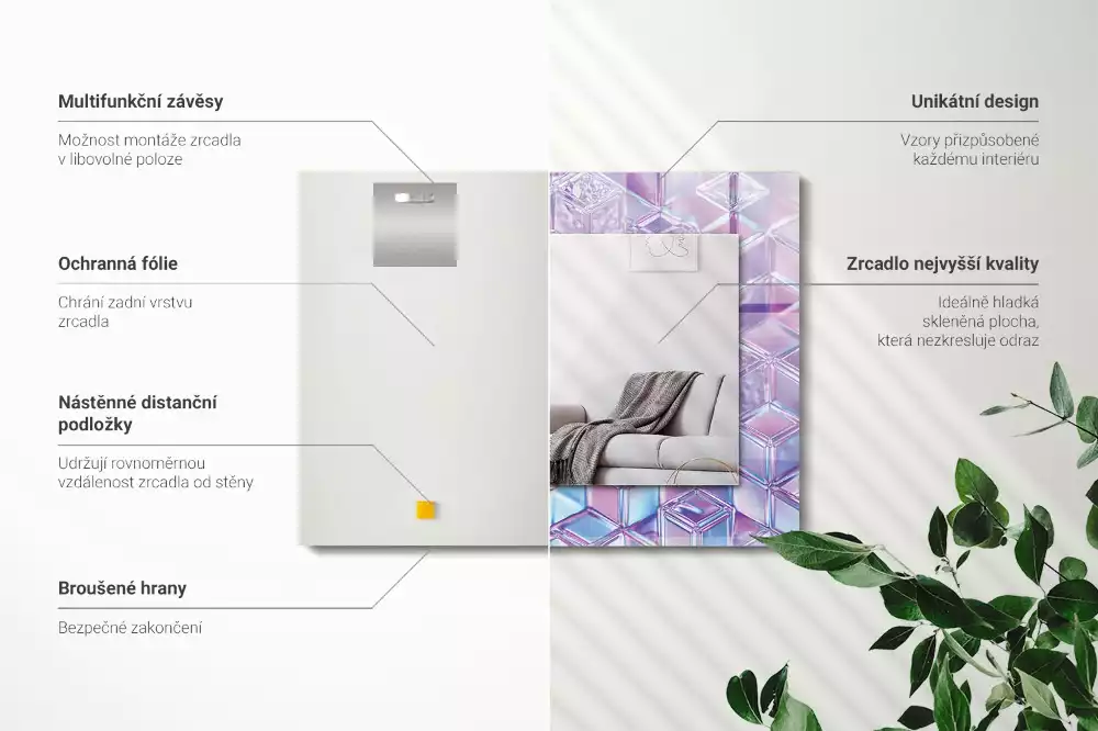 Oglindă dreptunghiulară cu ramă decorată cu imprimeu de cuburi transparente colorate