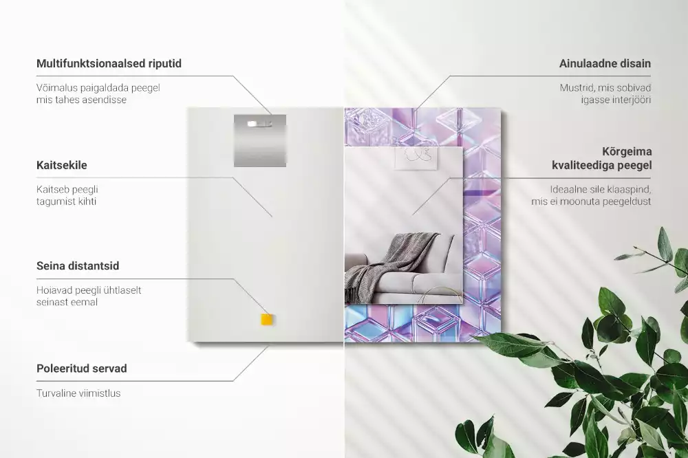 Oglindă dreptunghiulară cu ramă decorată cu imprimeu de cuburi transparente colorate