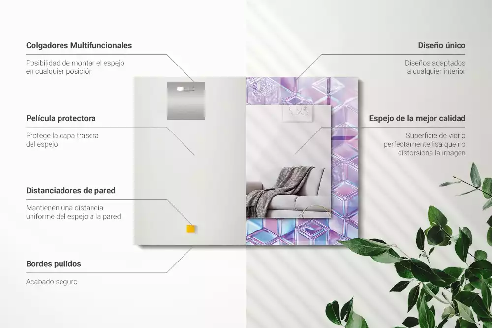 Oglindă dreptunghiulară cu ramă decorată cu imprimeu de cuburi transparente colorate