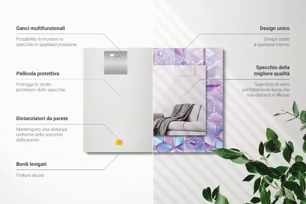 Oglindă dreptunghiulară cu ramă decorată cu imprimeu de cuburi transparente colorate