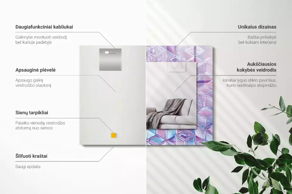 Oglindă dreptunghiulară cu ramă decorată cu imprimeu de cuburi transparente colorate