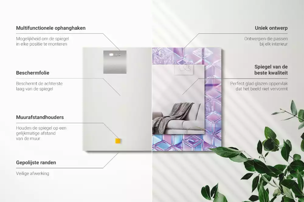 Oglindă dreptunghiulară cu ramă decorată cu imprimeu de cuburi transparente colorate