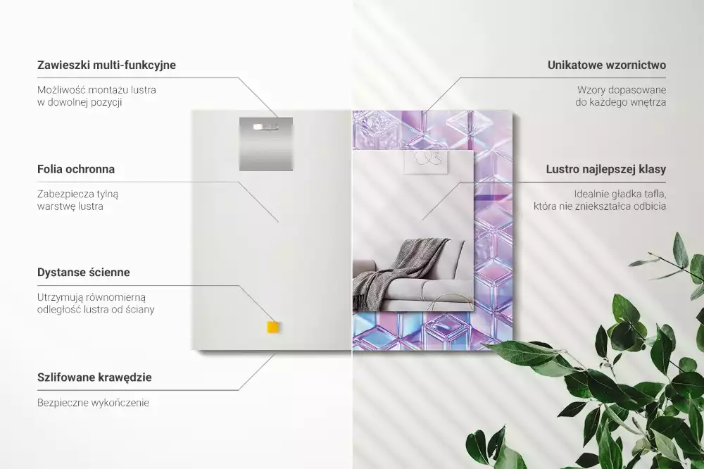 Oglindă dreptunghiulară cu ramă decorată cu imprimeu de cuburi transparente colorate