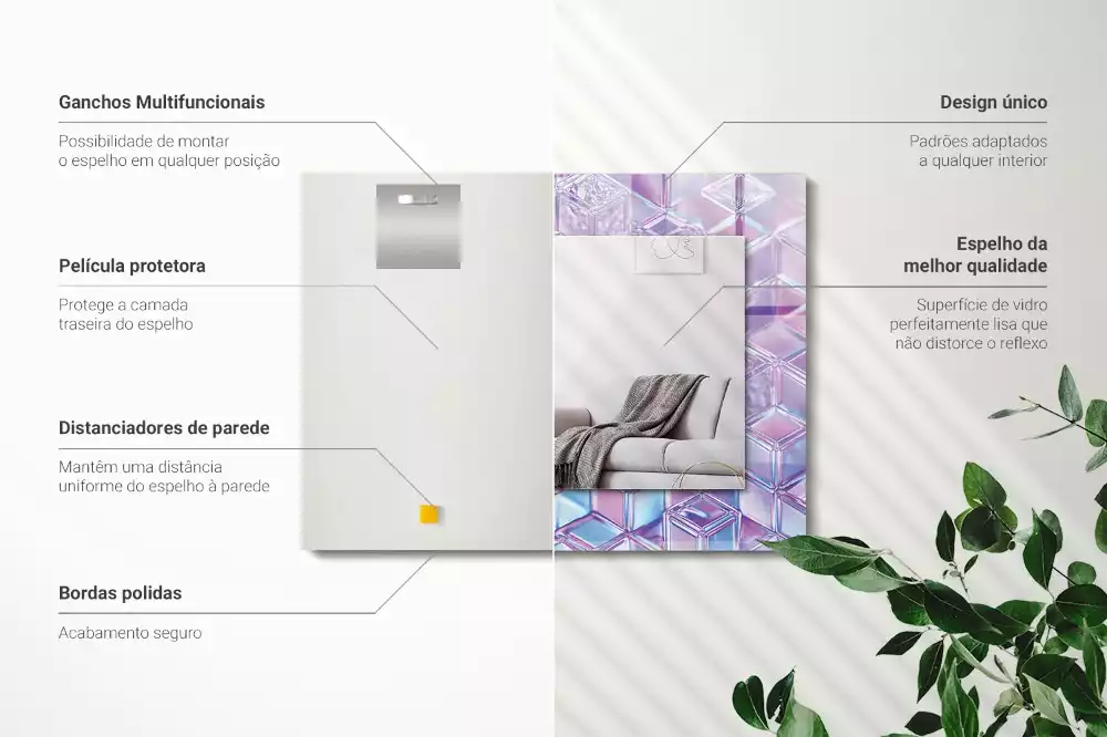 Oglindă dreptunghiulară cu ramă decorată cu imprimeu de cuburi transparente colorate