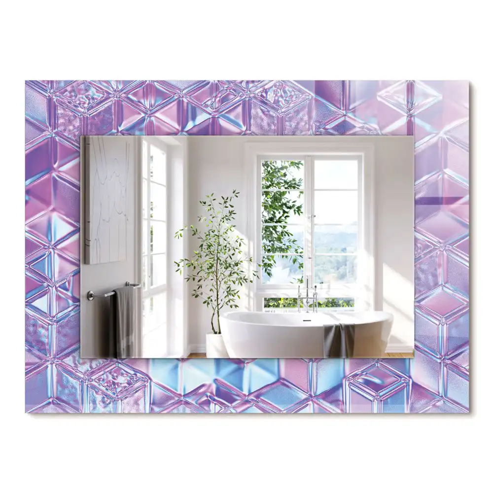 Oglindă dreptunghiulară cu ramă decorată cu imprimeu de cuburi transparente colorate