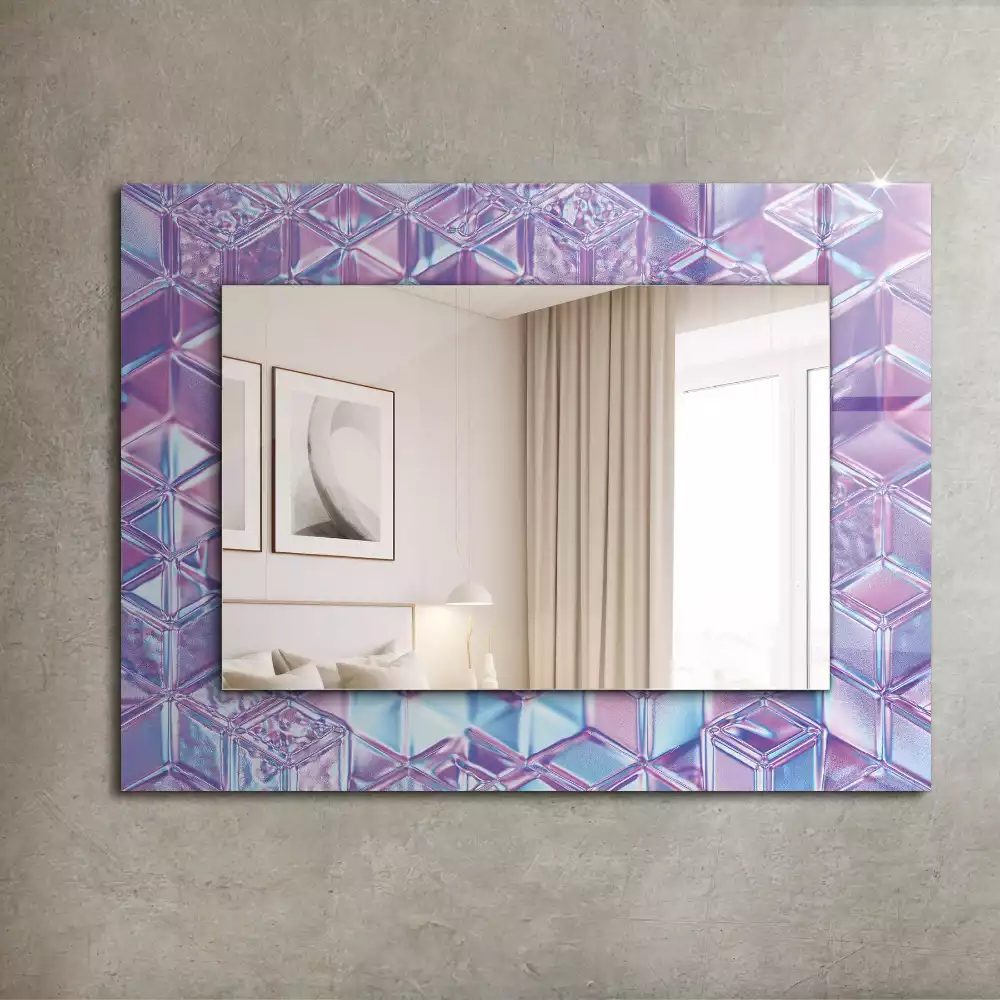 Oglindă dreptunghiulară cu ramă decorată cu imprimeu de cuburi transparente colorate