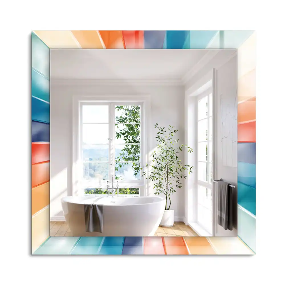 Oglindă dreptunghiulară cu decor raze de lumină colorate