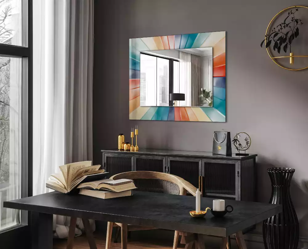Oglindă dreptunghiulară cu decor raze de lumină colorate