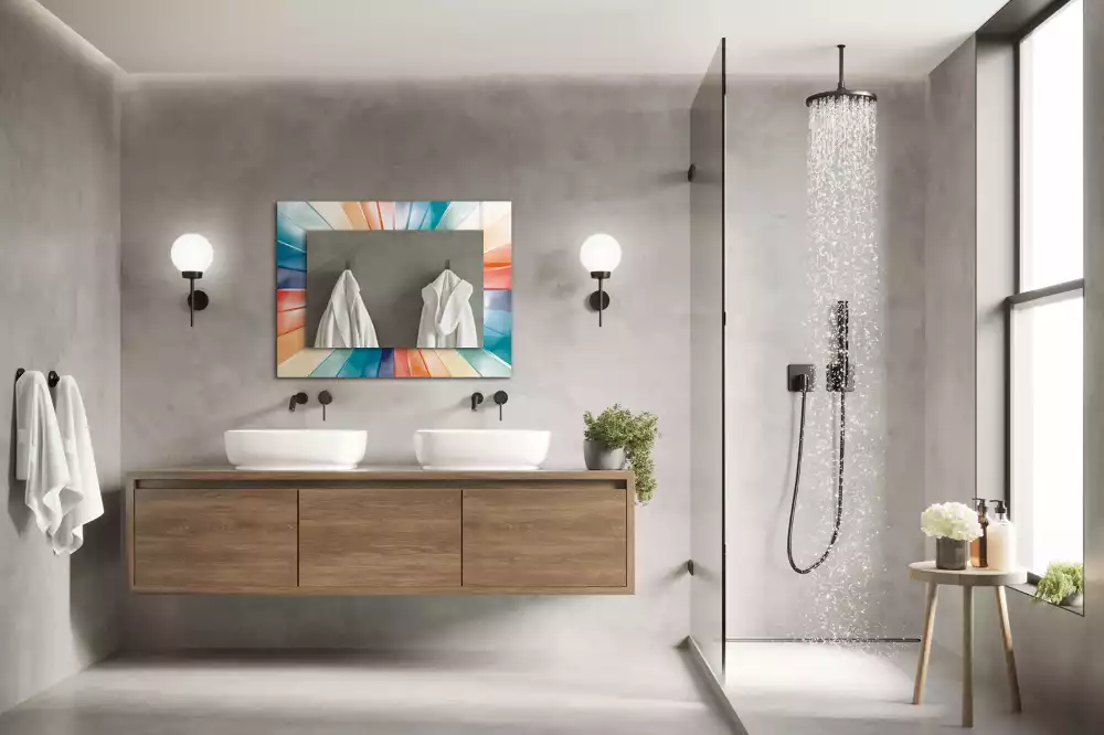 Oglindă dreptunghiulară cu decor raze de lumină colorate