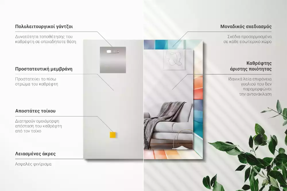 Oglindă dreptunghiulară cu decor raze de lumină colorate