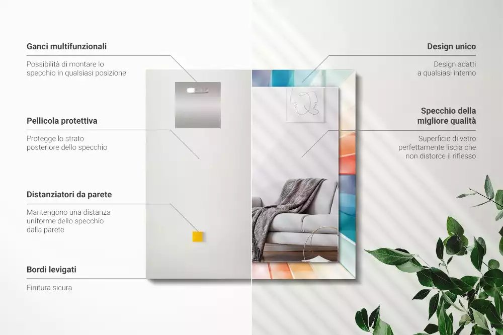 Oglindă dreptunghiulară cu decor raze de lumină colorate