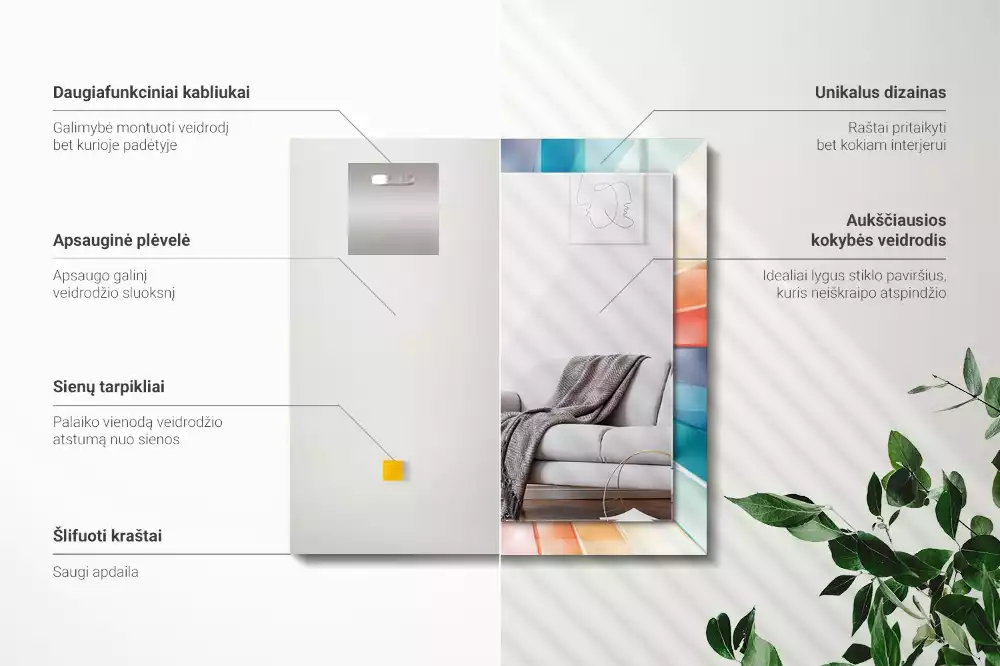 Oglindă dreptunghiulară cu decor raze de lumină colorate