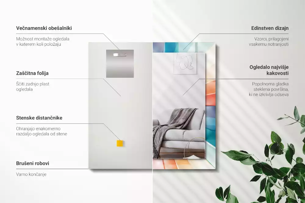 Oglindă dreptunghiulară cu decor raze de lumină colorate