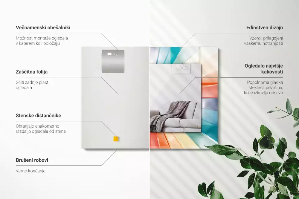 Oglindă dreptunghiulară cu decor raze de lumină colorate
