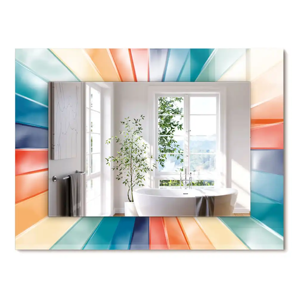 Oglindă dreptunghiulară cu decor raze de lumină colorate