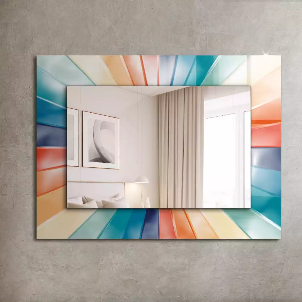 Oglindă dreptunghiulară cu decor raze de lumină colorate