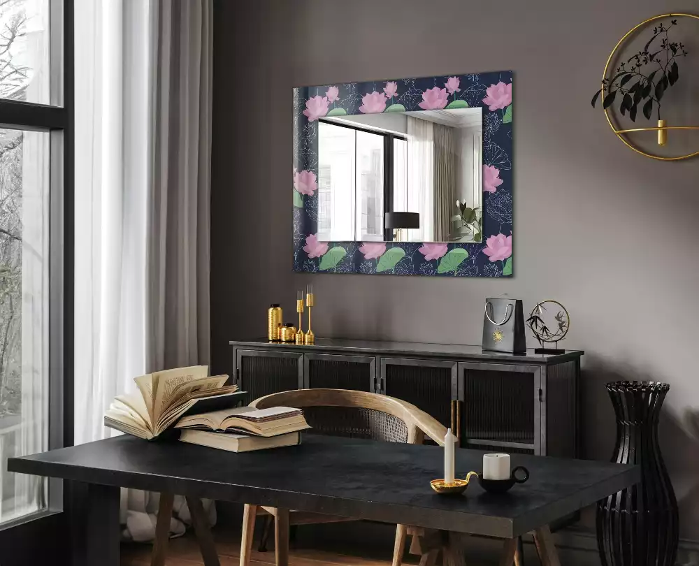 Oglindă decorativă de perete dreptunghiulară cu model flori de lotus roz