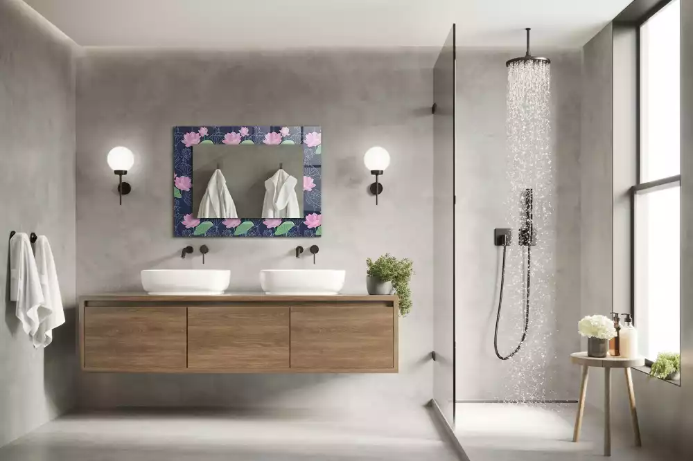 Oglindă decorativă de perete dreptunghiulară cu model flori de lotus roz