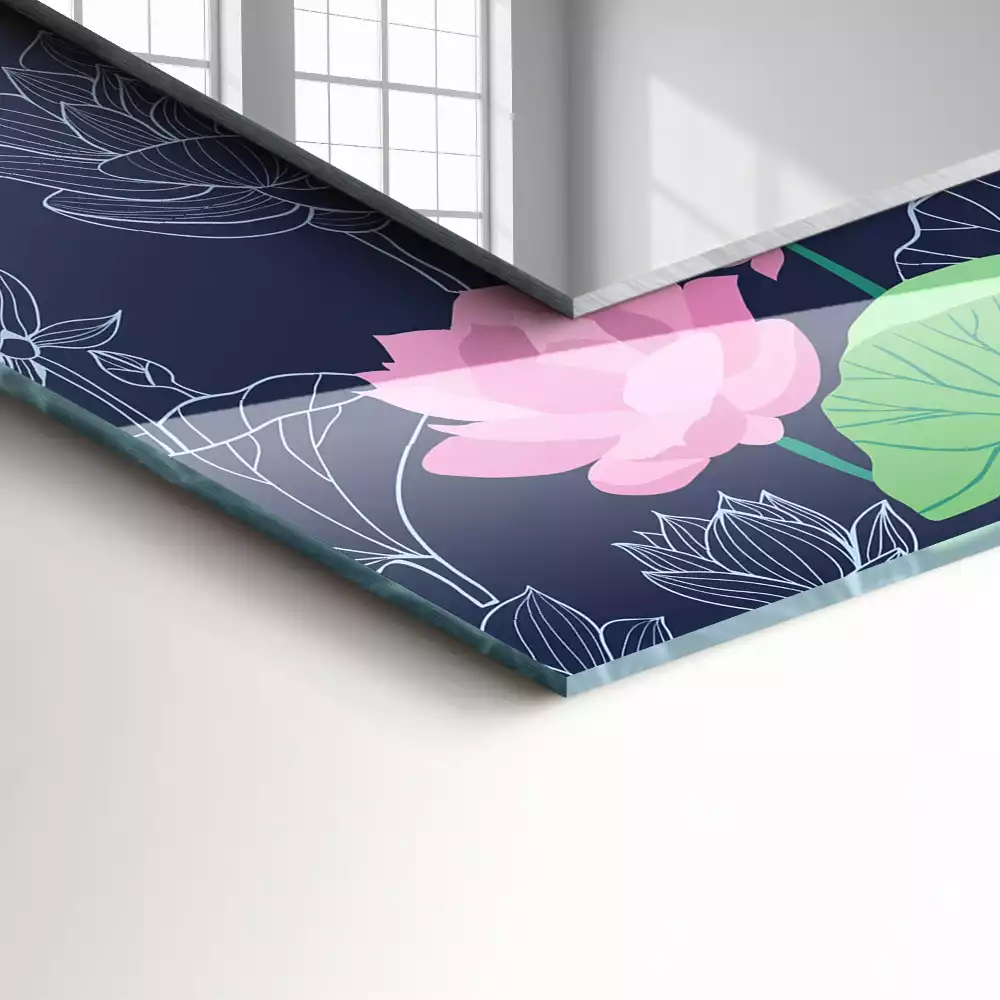 Oglindă decorativă de perete dreptunghiulară cu model flori de lotus roz