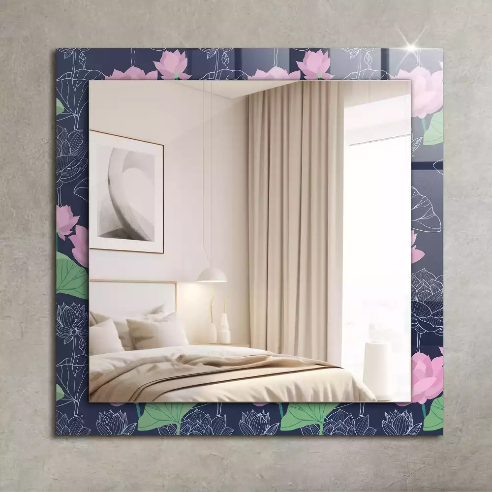Oglindă decorativă de perete dreptunghiulară cu model flori de lotus roz