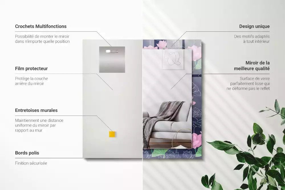 Oglindă decorativă de perete dreptunghiulară cu model flori de lotus roz