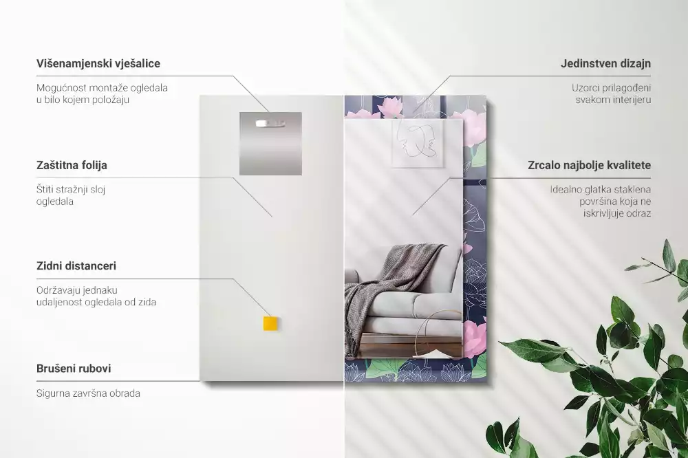 Oglindă decorativă de perete dreptunghiulară cu model flori de lotus roz