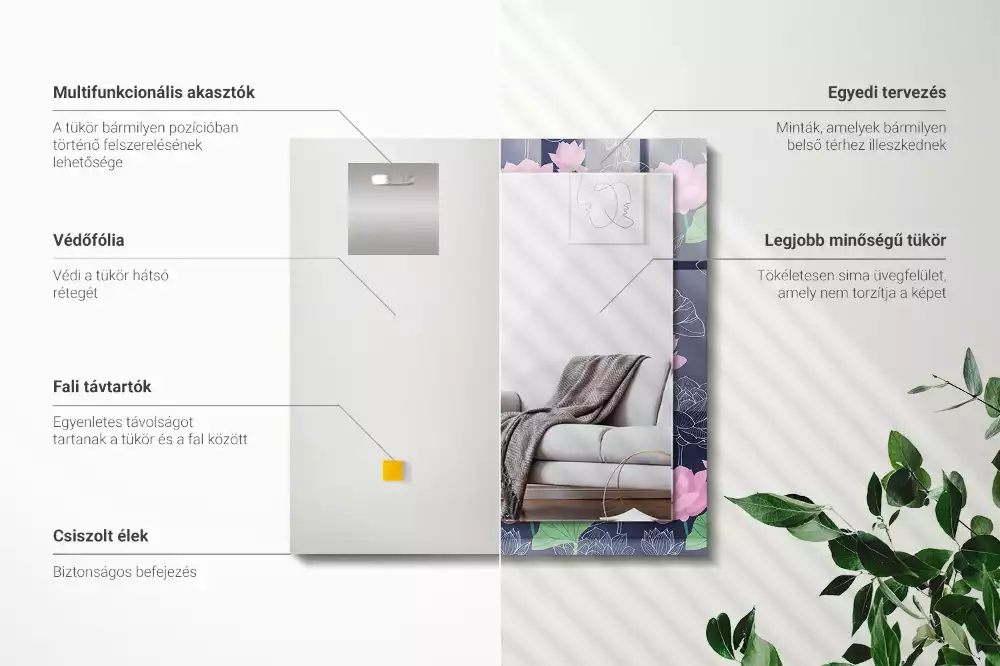 Oglindă decorativă de perete dreptunghiulară cu model flori de lotus roz