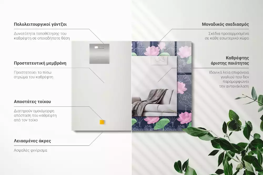 Oglindă decorativă de perete dreptunghiulară cu model flori de lotus roz
