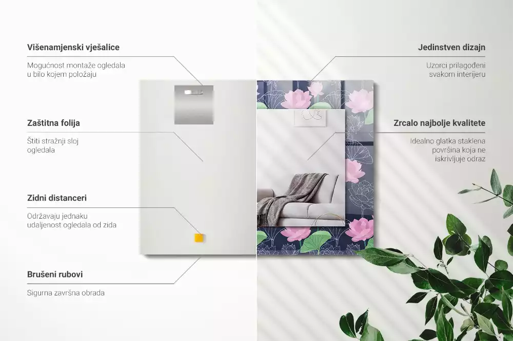 Oglindă decorativă de perete dreptunghiulară cu model flori de lotus roz