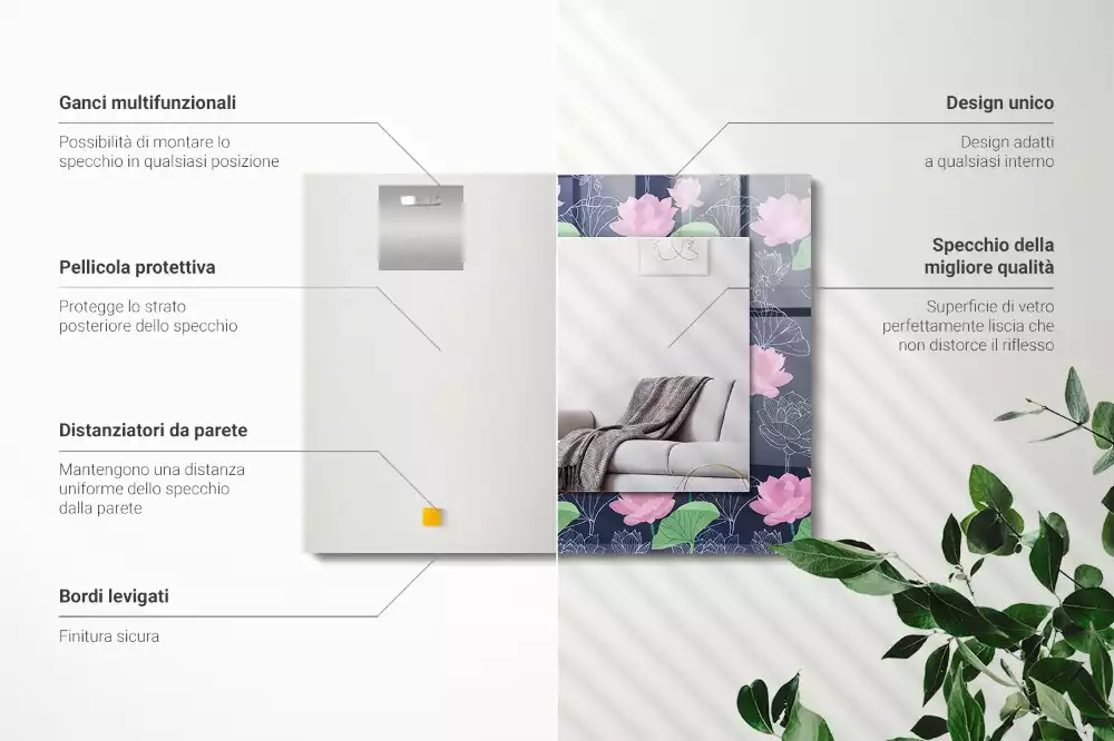 Oglindă decorativă de perete dreptunghiulară cu model flori de lotus roz
