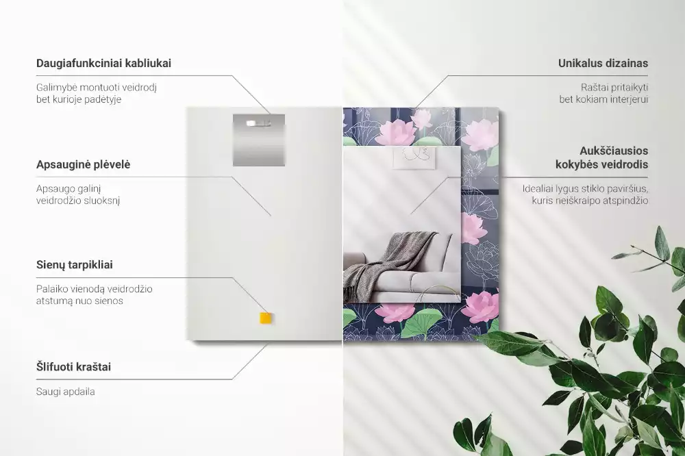 Oglindă decorativă de perete dreptunghiulară cu model flori de lotus roz