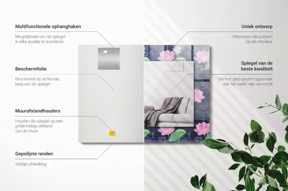 Oglindă decorativă de perete dreptunghiulară cu model flori de lotus roz