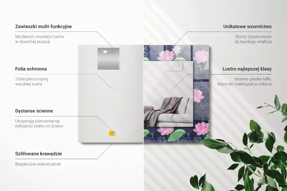 Oglindă decorativă de perete dreptunghiulară cu model flori de lotus roz