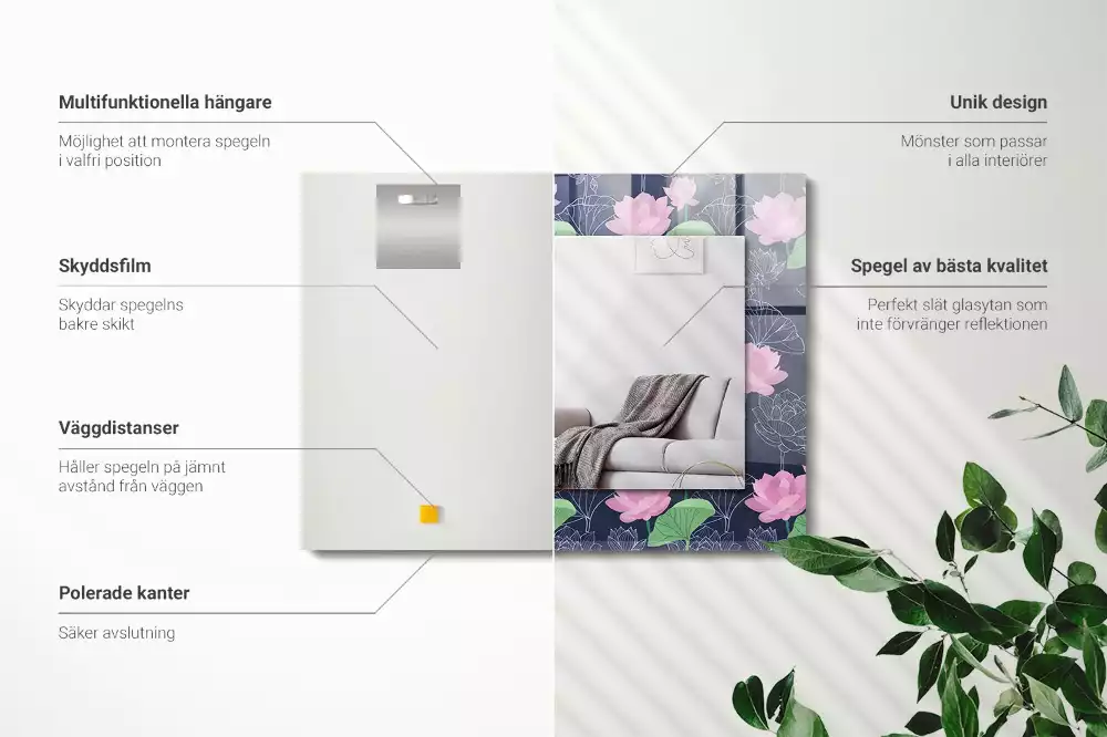 Oglindă decorativă de perete dreptunghiulară cu model flori de lotus roz