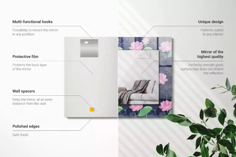 Oglindă decorativă de perete dreptunghiulară cu model flori de lotus roz