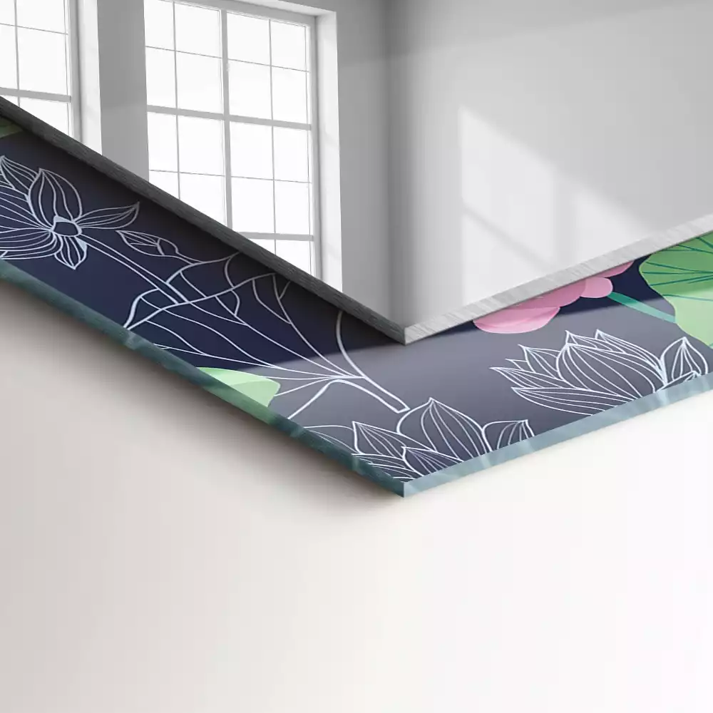 Oglindă decorativă de perete dreptunghiulară cu model flori de lotus roz