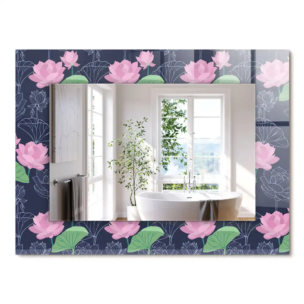 Oglindă decorativă de perete dreptunghiulară cu model flori de lotus roz