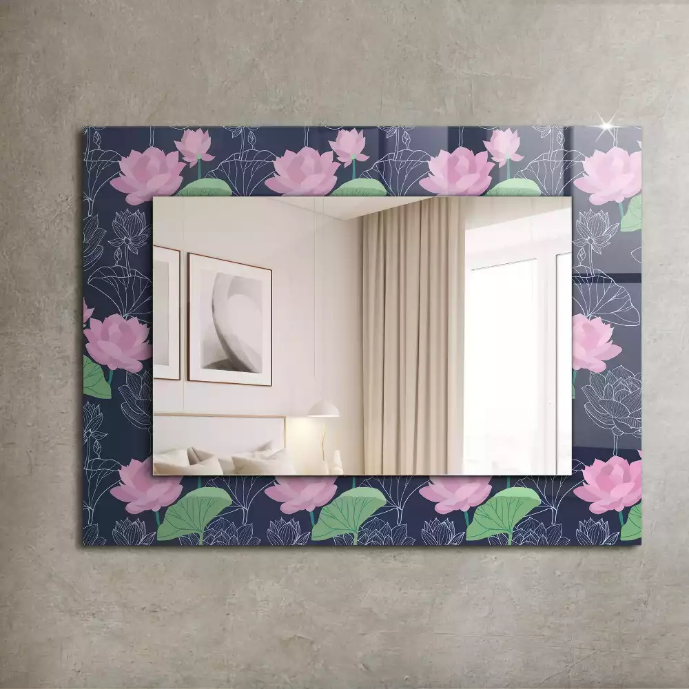 Oglindă decorativă de perete dreptunghiulară cu model flori de lotus roz