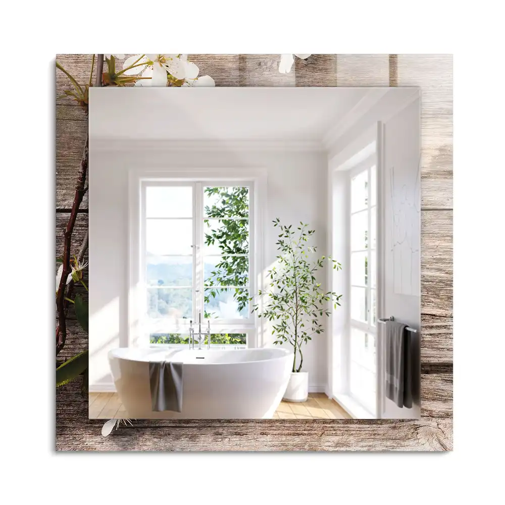 Oglindă dreptunghiulară cu imprimeu floral pe ramă de lemn