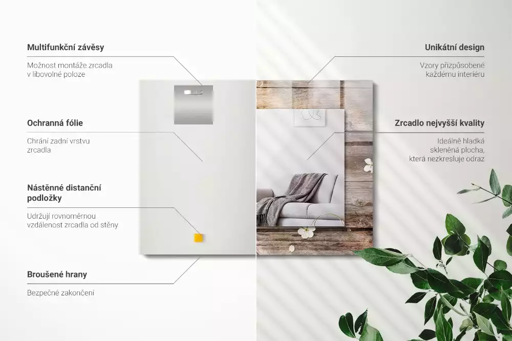 Oglindă dreptunghiulară cu imprimeu floral pe ramă de lemn