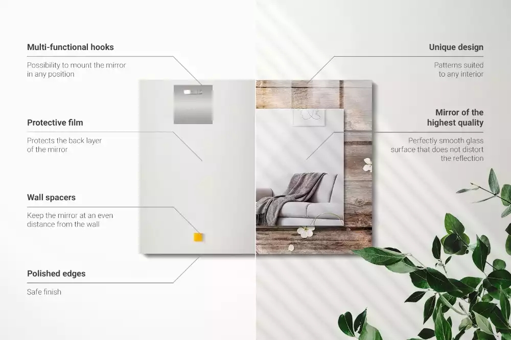 Oglindă dreptunghiulară cu imprimeu floral pe ramă de lemn