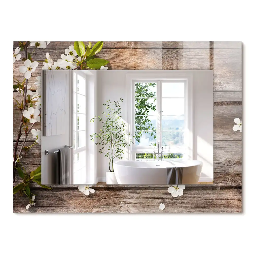 Oglindă dreptunghiulară cu imprimeu floral pe ramă de lemn