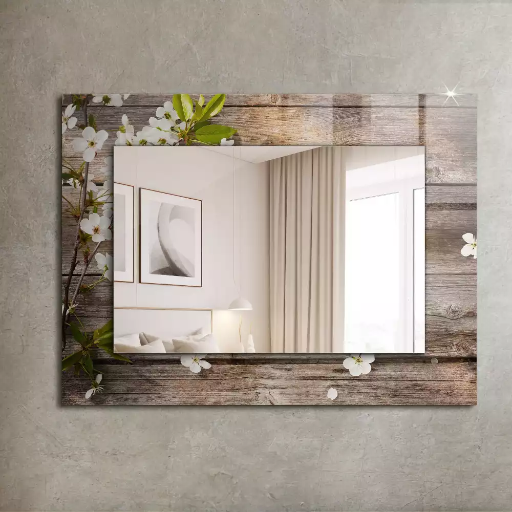 Oglindă dreptunghiulară cu imprimeu floral pe ramă de lemn