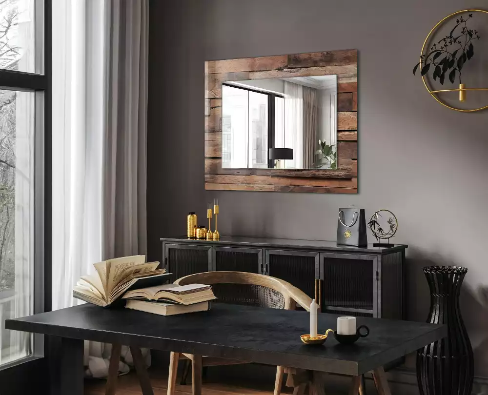 Oglindă dreptunghiulară de perete cu decor din panouri de lemn