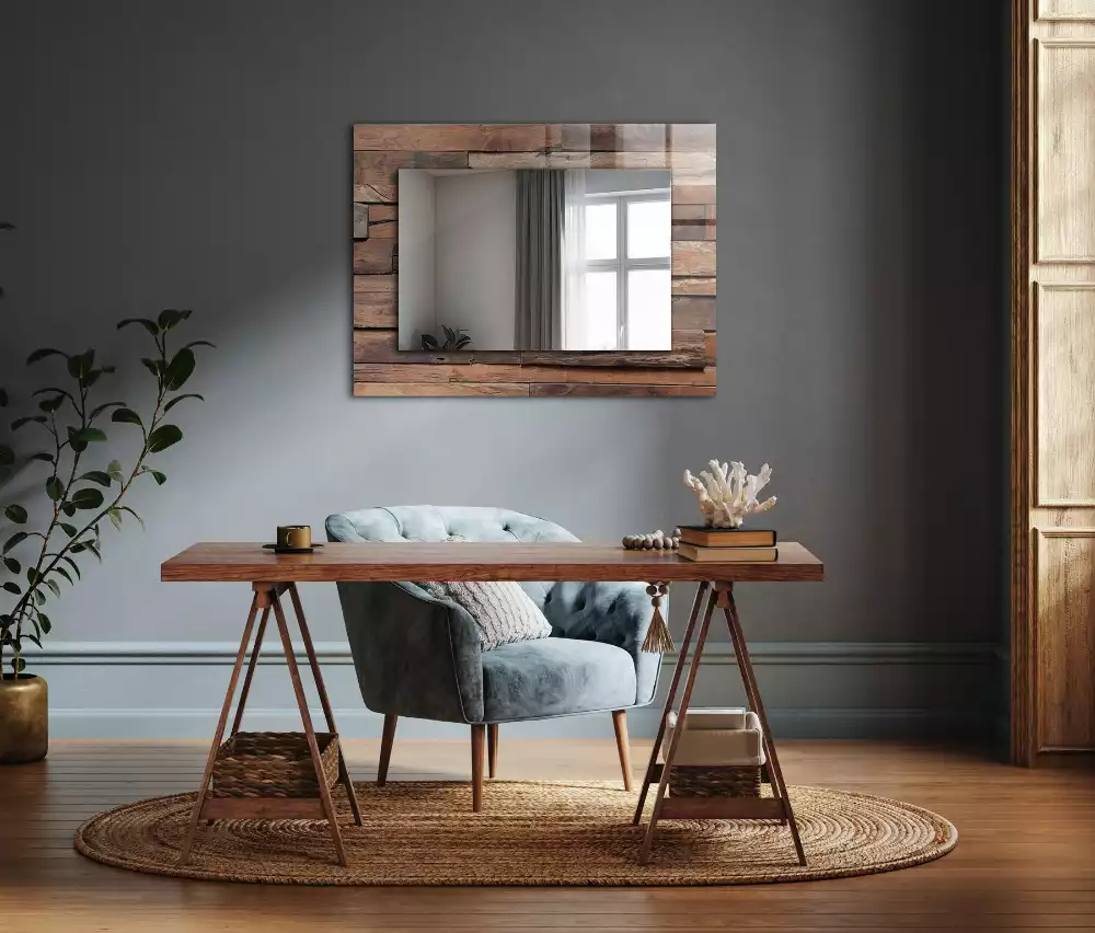 Oglindă dreptunghiulară de perete cu decor din panouri de lemn