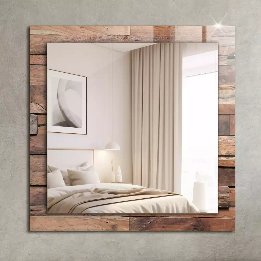 Oglindă dreptunghiulară de perete cu decor din panouri de lemn