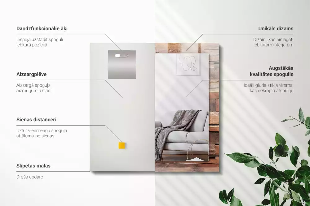Oglindă dreptunghiulară de perete cu decor din panouri de lemn