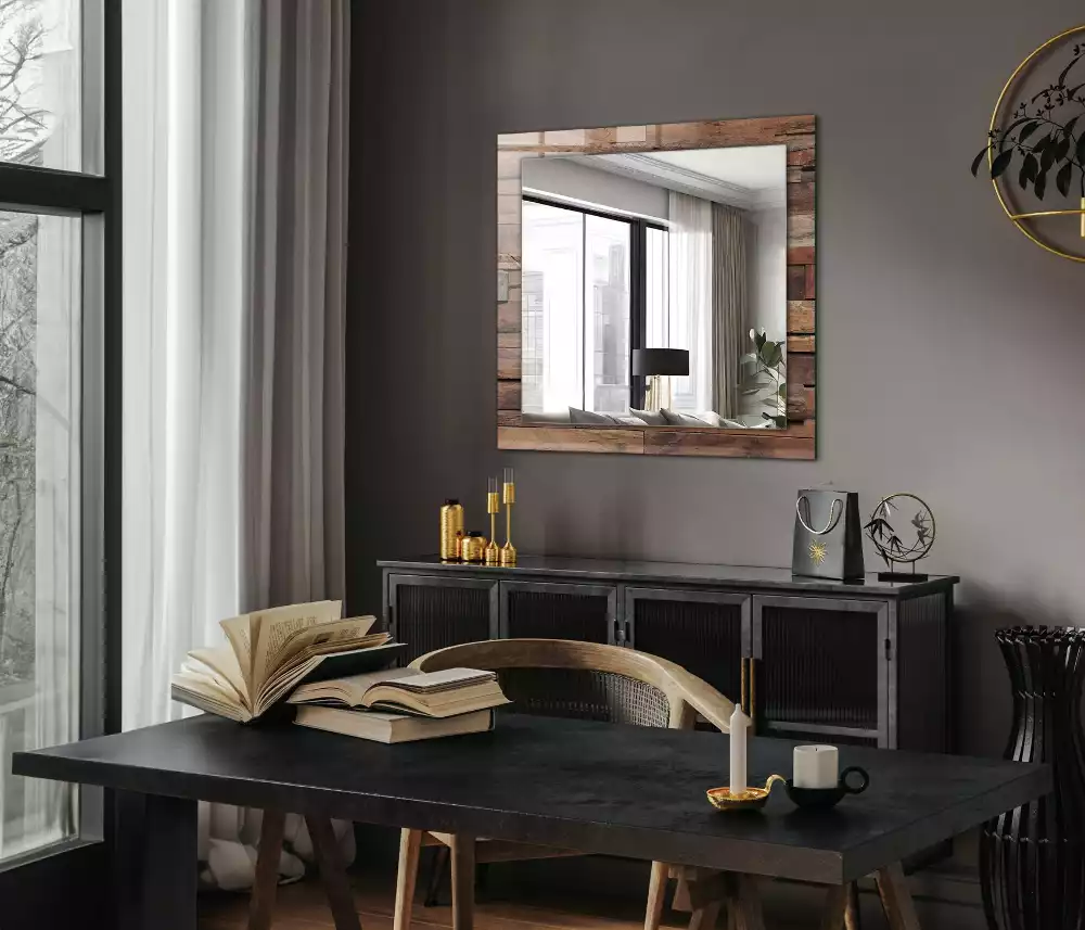 Oglindă dreptunghiulară de perete cu decor din panouri de lemn
