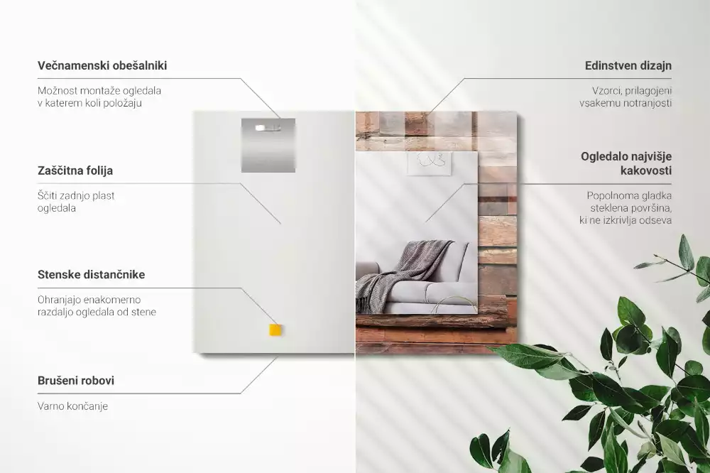 Oglindă dreptunghiulară de perete cu decor din panouri de lemn
